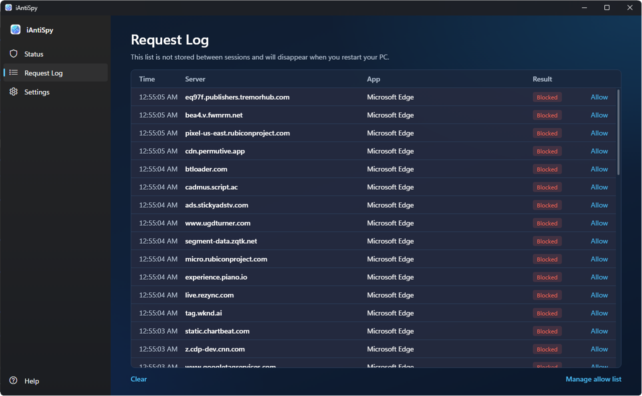 iAntiSpy for Windows: the Request Log, listing tracking servers that Microsoft Edge tried to reach, all blocked.